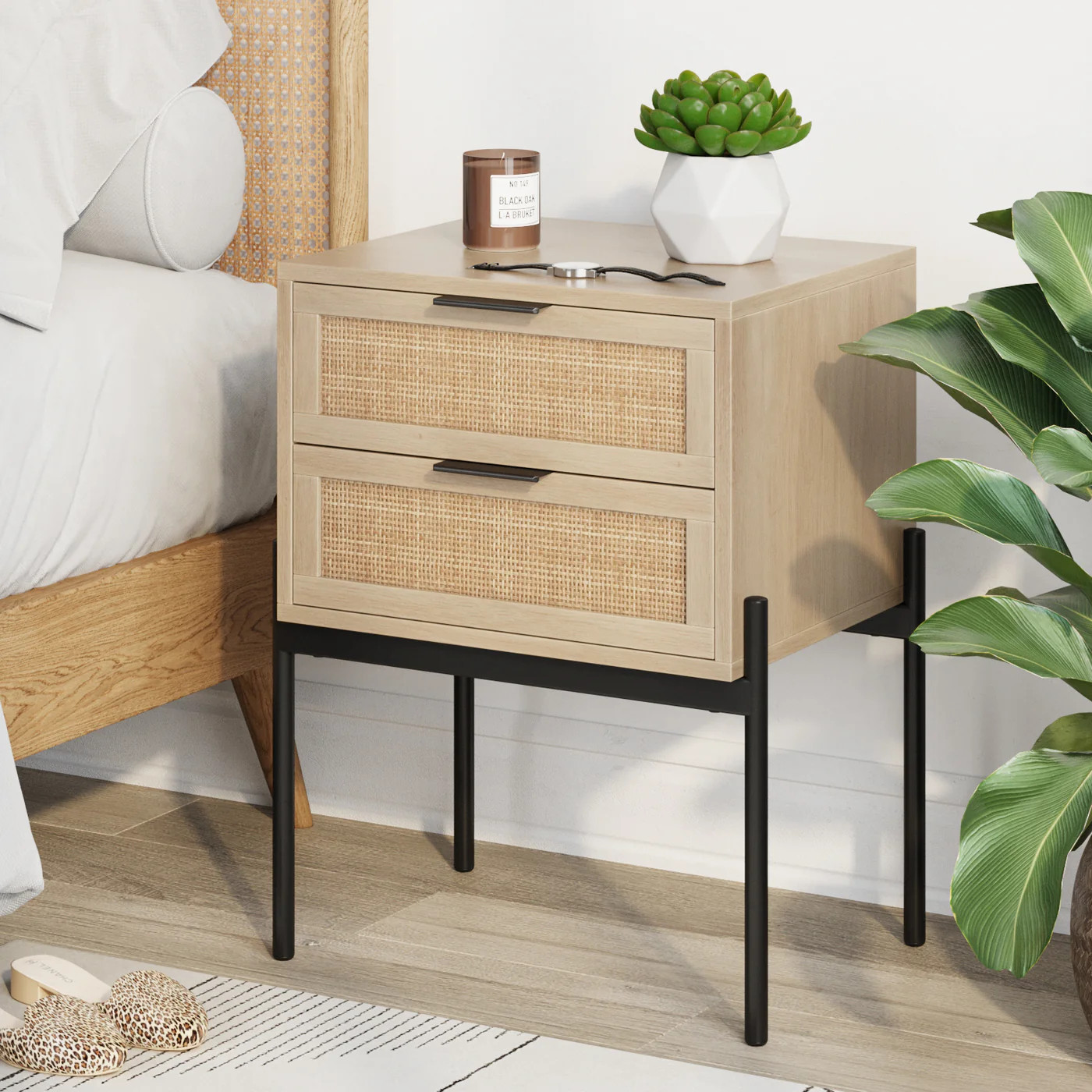 Wood & Rattan 2-Drawer Nightstand Light Oak | Nathan James