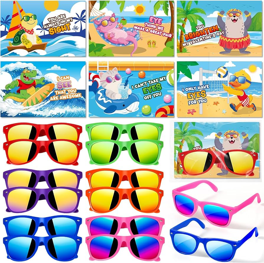 Shemira 24 Pack Valentines Day Cards for Kids, Valentines Day Gifts for Kids with Sunglasses, Val... | Amazon (US)