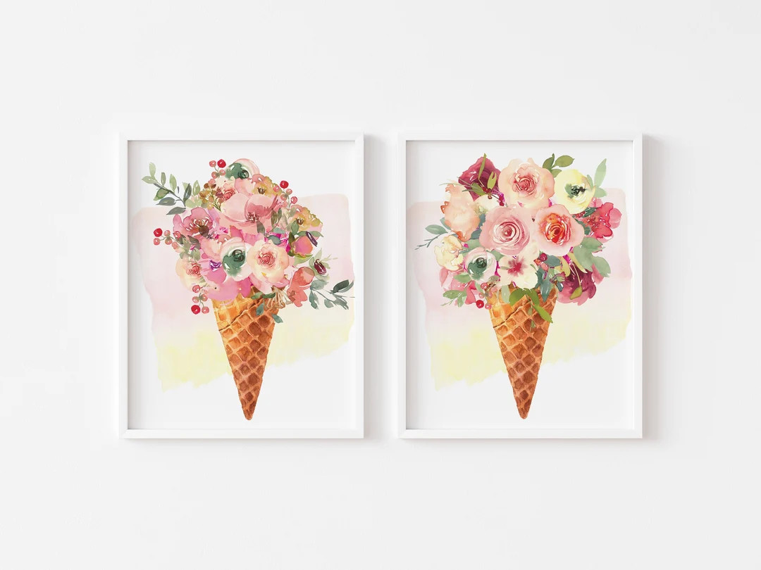 Ice Cream Cone Print, Floral Prints, PRINTABLE WALL ART, Watercolor Art Print, Floral Bouquet, Su... | Etsy (US)