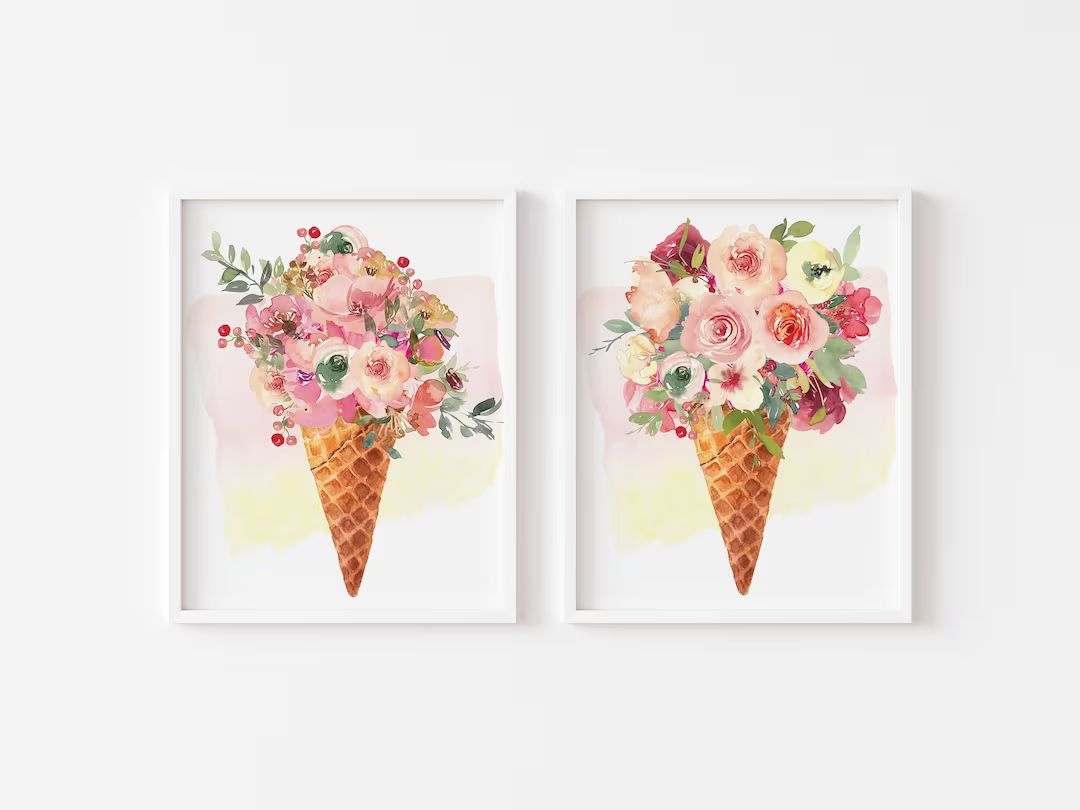 Ice Cream Cone Print, Floral Prints, PRINTABLE WALL ART, Watercolor Art Print, Floral Bouquet, Su... | Etsy (US)