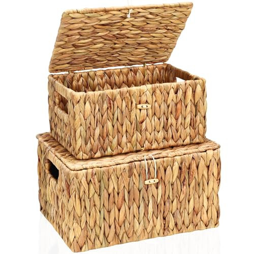 FairyHaus Wicker Storage Basket with Lid, Water Hyacinth Wicker Basket with Lid and Handles, Large and Small Wicker Baskets with Lids 2Pack, 13"x10"x7" & 11.2"x8.3"x5.7" | Amazon (US)