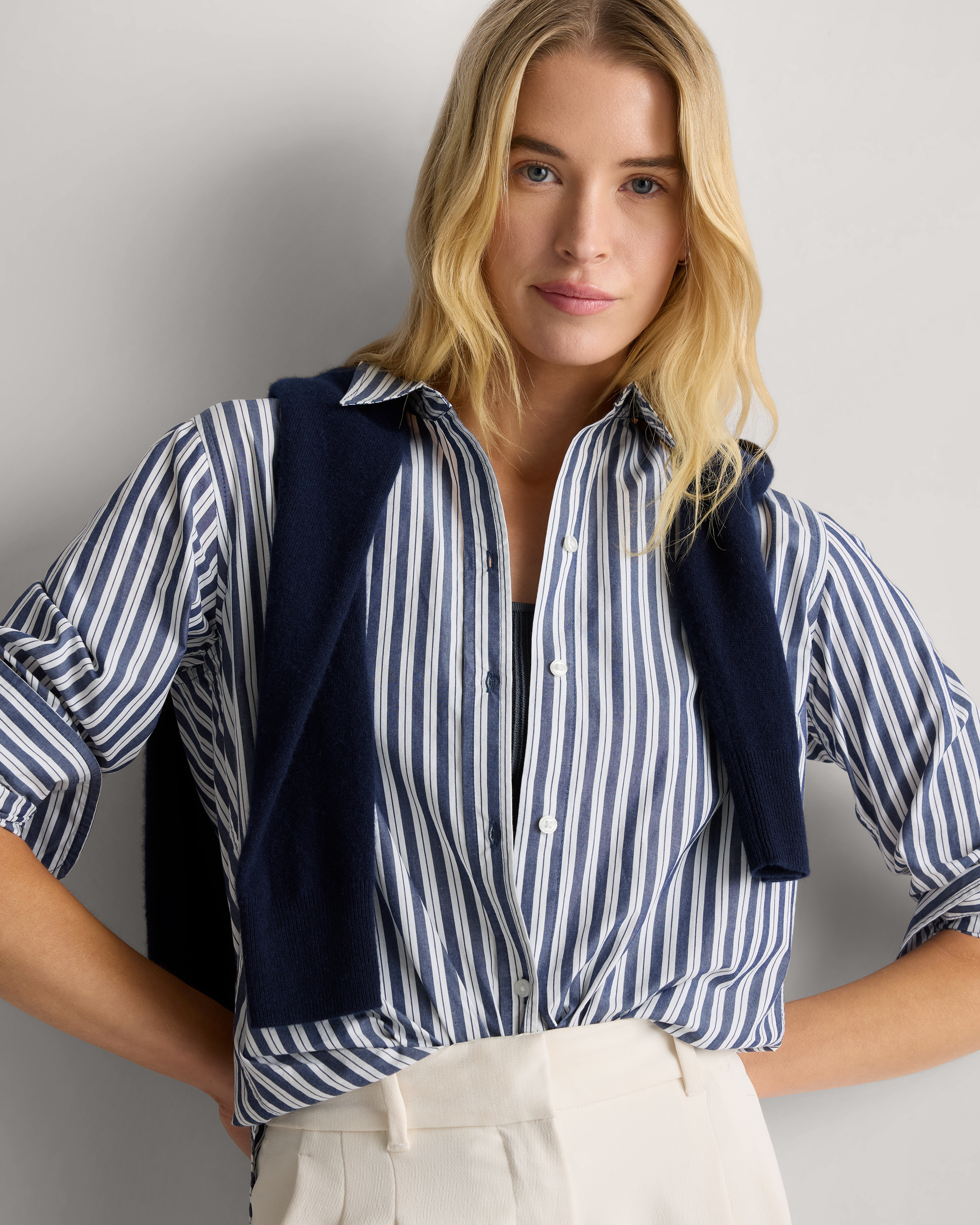 Quince | Women's Poplin Long Sleeve Shirt in Hudson Stripe, Size XS, Organic Cotton | Quince