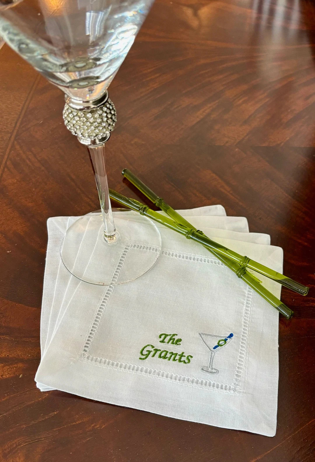 Beautiful Classic Hem Stitched White Linen Personalized Embroidered Martini Cocktail Napkins, Set... | Etsy (US)