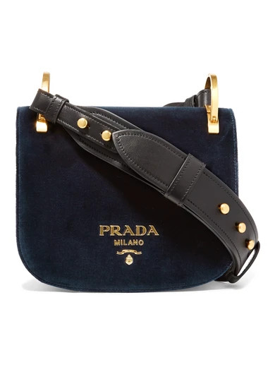 Prada - Pionnière Leather-trimmed Velvet Shoulder Bag - Midnight blue | NET-A-PORTER (UK & EU)