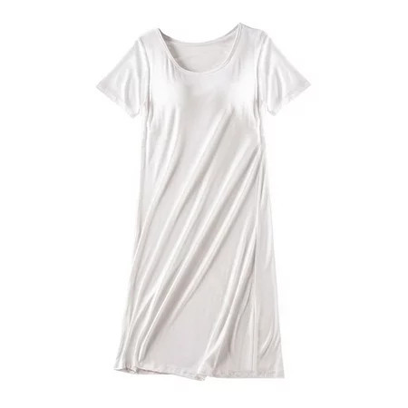 Women S Nightgowns Short Sleeve Solid Color Round Neck Loose Chest Pad Mid-Length Summer Sexy Soft Flowy Nightwear Comfortable Homewear | Walmart (US)