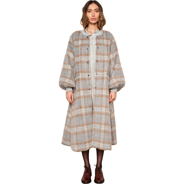Women's Cameron Plaid Bishop Long Sleeve Snap Button Coat, Grey & Coco | Maisonette