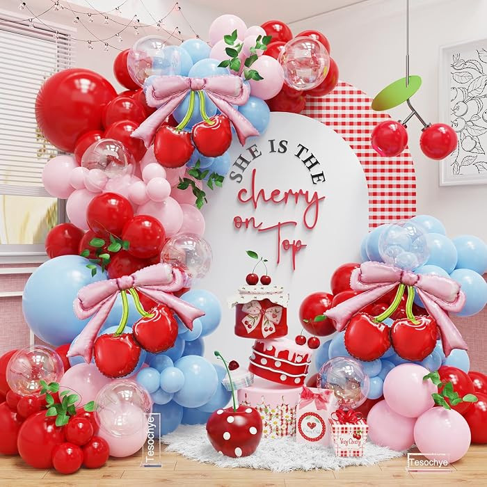 Cherry Balloon Garland Arch Kit, Pink Red and Blue Balloons with Pink Bow Red Cherry Foil Balloon... | Amazon (US)