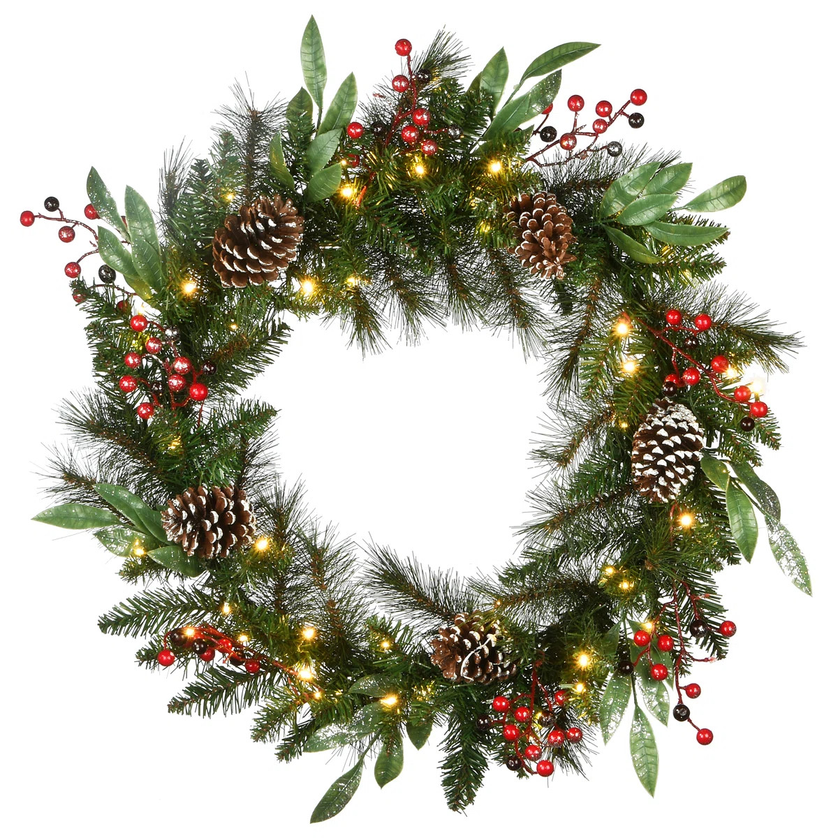 Frosted Pine Berry Wreath with Battery Operated LED Lights | Wayfair North America