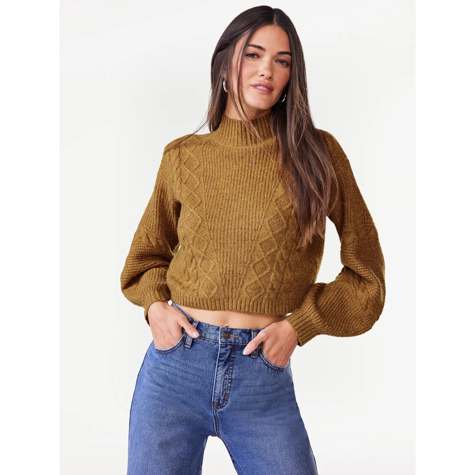 Scoop Women's Crop Cable Pullover Sweater with Long Sculpted Sleeves, Sizes XS-XXL | Walmart (US)