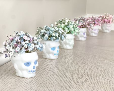 Create these adorable little skeleton bud vases for a sweet Halloween with this mini candy skulls, acrylic paint & some baby’s breath. Pastel Halloween, kids decor  

#LTKSeasonal #LTKHalloween #LTKunder50