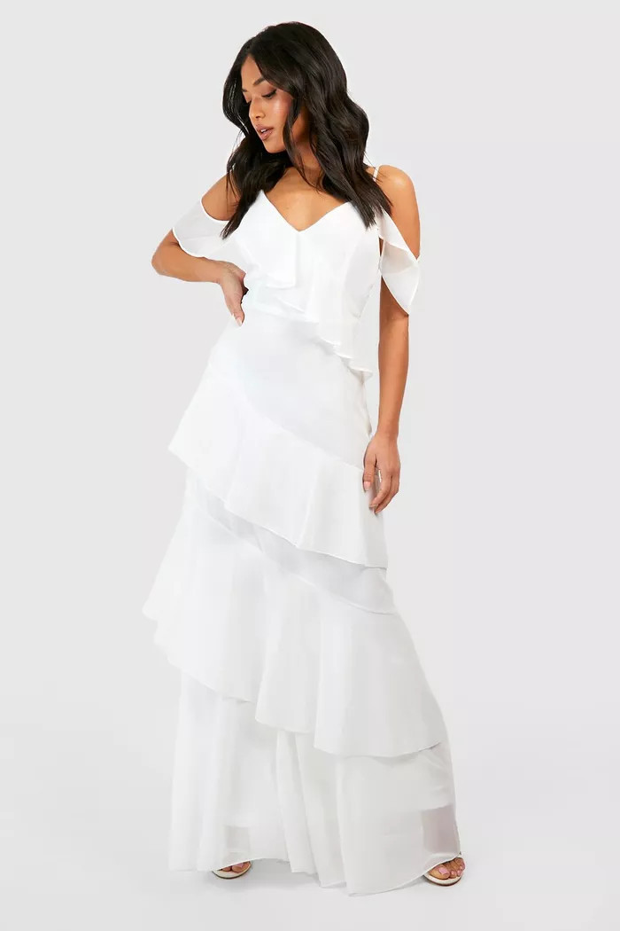 Petite Asymmetric Chiffon Tiered Ruffle Maxi Dress | Boohoo.com (UK & IE)