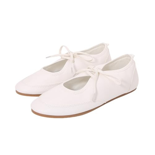 OtpyNik White Ballet Flats for Women with Straps Ballerina Comfortable Round Toe Flat Shoes Slip On Work Dress Mary Jane Shoes White 9 | Amazon (US)