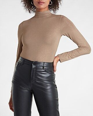 Metallic Mock Neck Long Sleeve Thong Bodysuit | Express