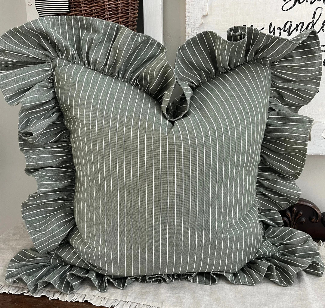 Sage green and white pinstripe with hemmed edge long ruffle | Etsy (US)