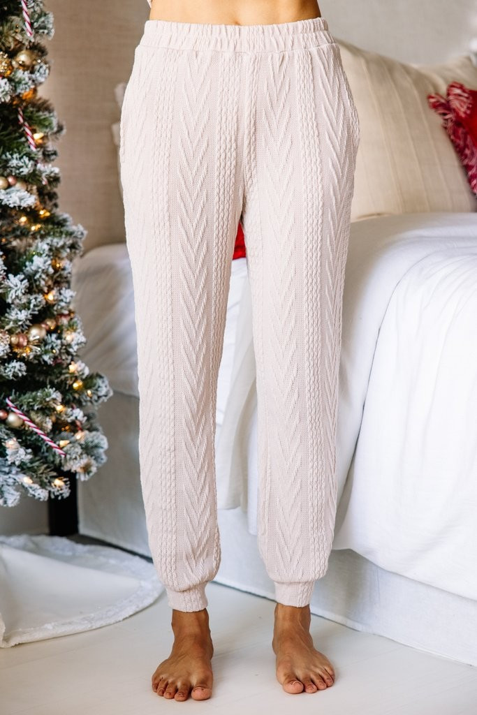 Living The Dream Oatmeal White Cable Knit Joggers | The Mint Julep Boutique