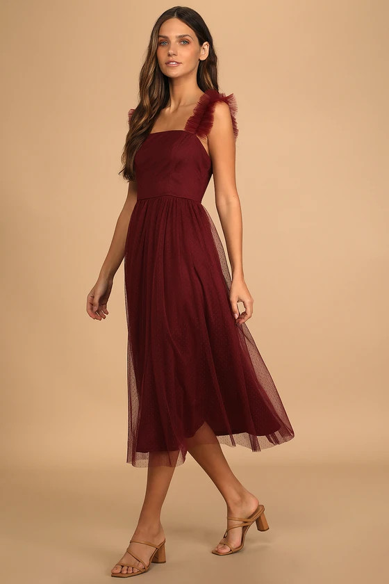Divine Invitation Burgundy Tulle Swiss Dot Ruffled Midi Dress | Lulus (US)