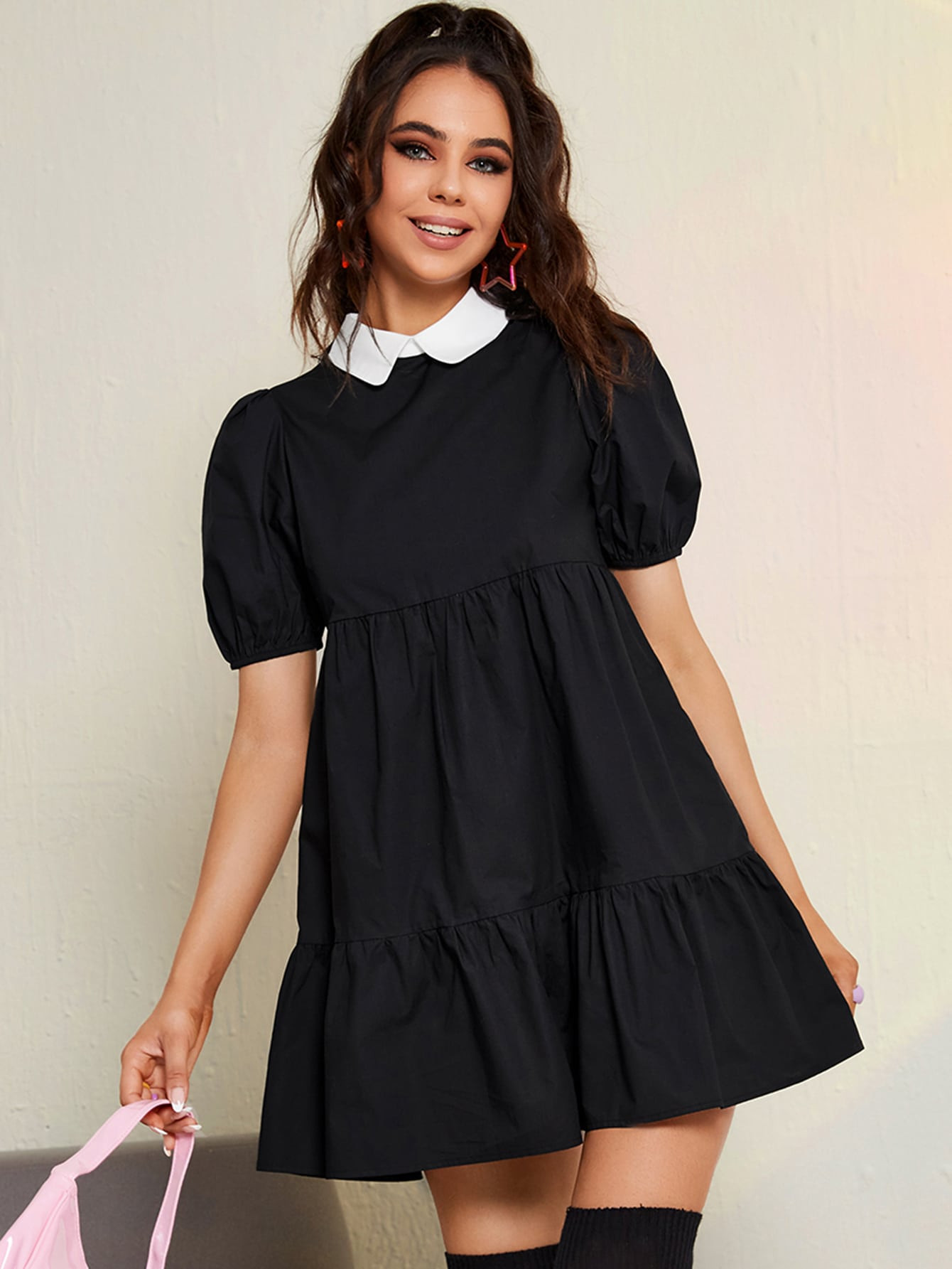 SHEIN Peter Pan Collar Puff Sleeve Smock Dress | SHEIN