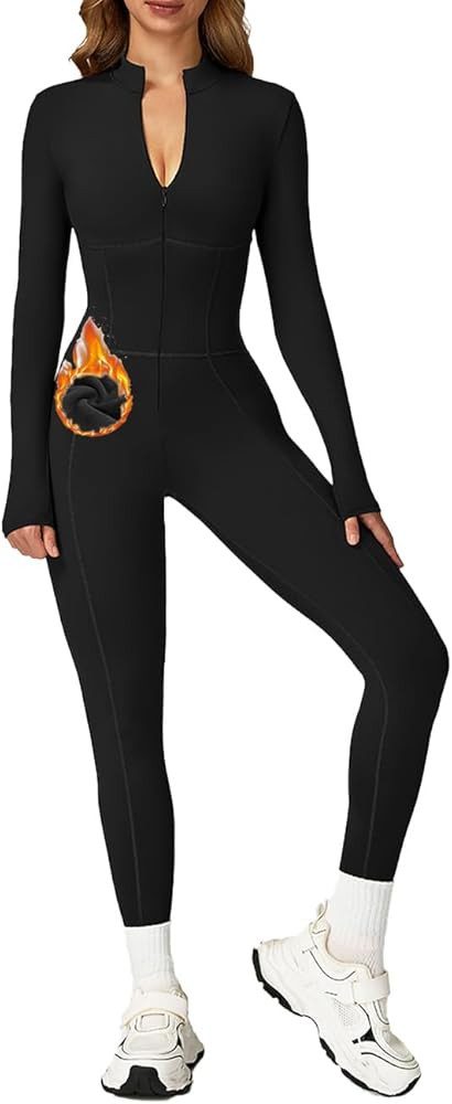 AEEZO Womens Fleece Lined Contour Seams Workout Jumpsuits Zip Up Thermal Yoga Rompers Sexy One Pi... | Amazon (US)