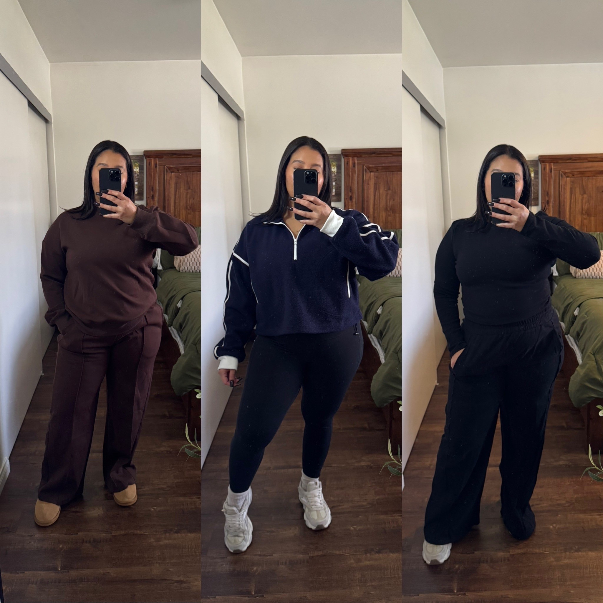 Easy casual outfits that are super comfortable and perfect for everyday, wfh outfits, errands outfits, Travel outfits, or school drop off outfits 

Fleece sweater - XL/ runs small/ cropped/ super comfortable and cozy 

Brown matching set - large / tts / very comfortable 

Black matching sets XL/ top is cropped / ribbed material 
Pants are super comfortable with pockets and elastic waistband 

Casual outfit
Midsize fashion 
Midsize outfits
Mom outfit ideas 
Travel outfit
Airport outfit 
WFH outfit 
Errands outfit 
Winter outfit 
Cozy outfit 
Lounge wear 
Matching set 

#LTKMidsize #LTKootd #LTKTravel