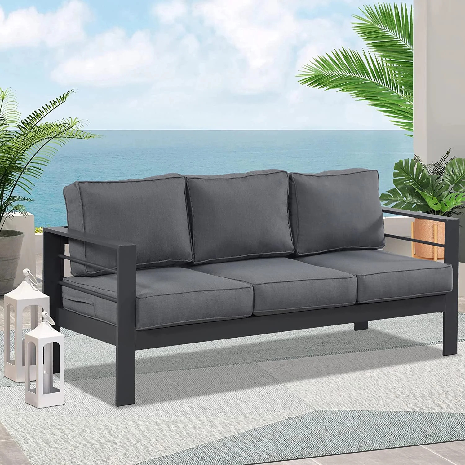 Superjoe Outdoor 3 Seats Patio Aluminum Sofa Furniture, Couch Gray Metal Chair with Cushions, Dar... | Walmart (US)