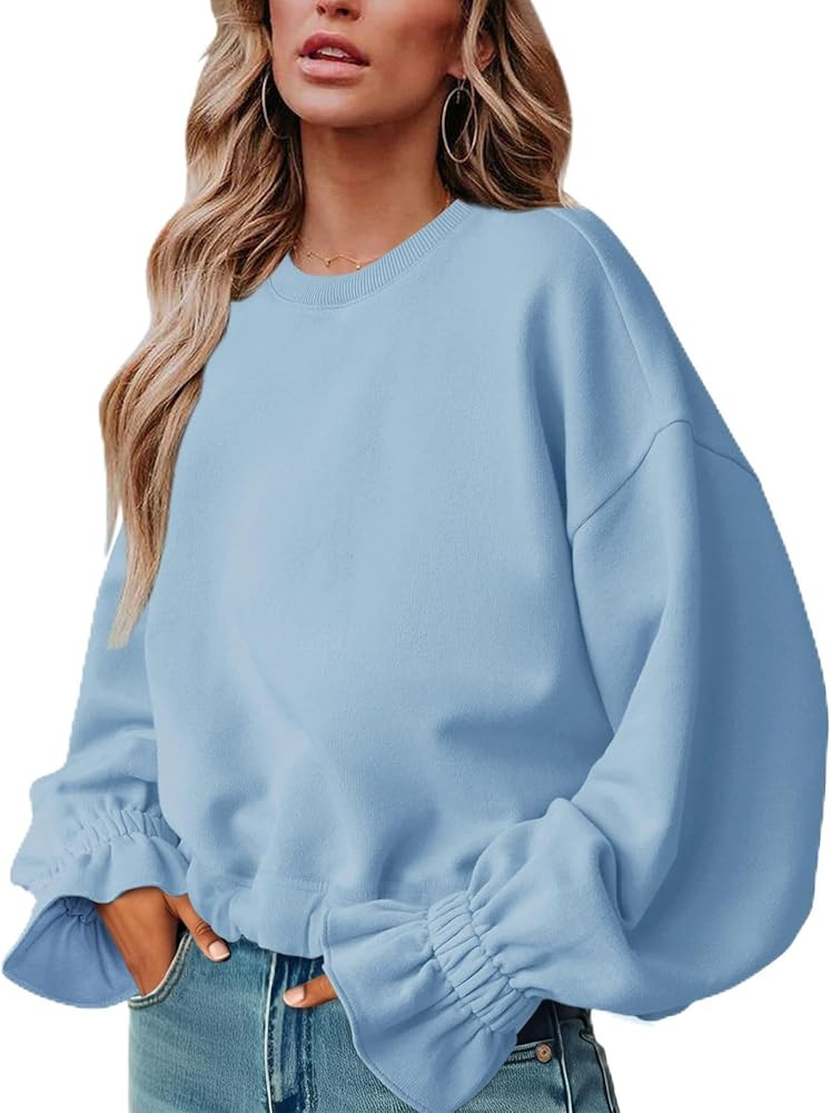 PRETTODAY Women's Casual Crew Neck Sweatshirt Long Sleeve Ruched Solid Loose Fitting Pullover Top... | Amazon (US)