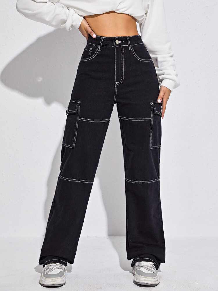 High Waist Flap Pocket Whip Stitch Jeans | SHEIN