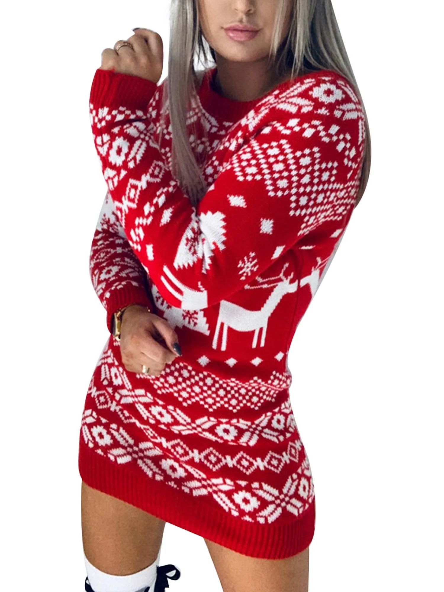 Dewadbow Women Knit Sweaters Dress Collar Slim Fit Mini Dress Xmas Dress | Walmart (US)