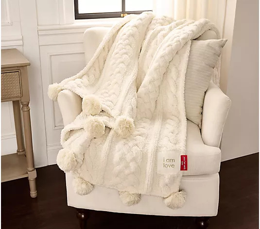 Peace Love World 70x60 Pom Pom Cable Knit Blanket | QVC