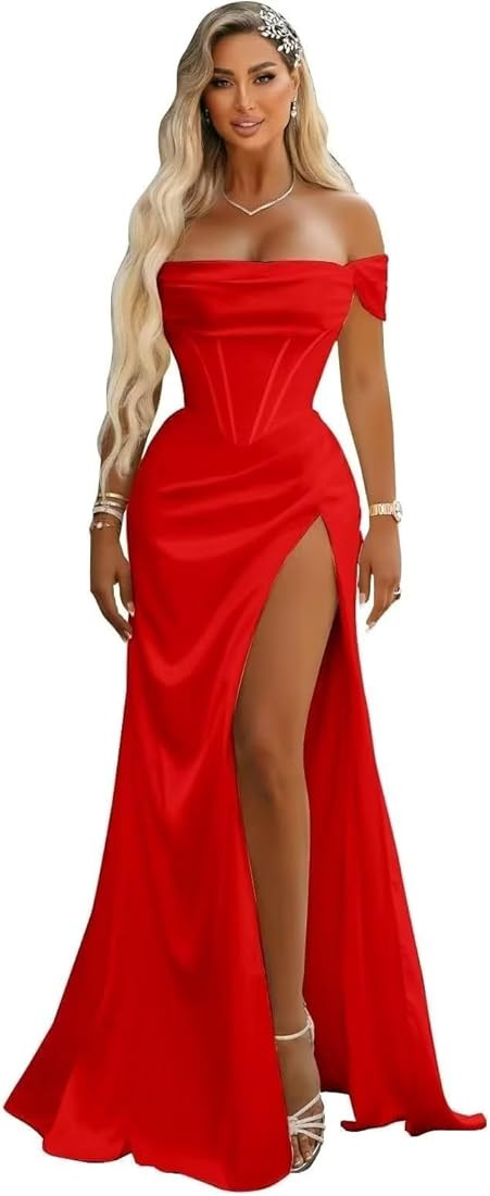 Changuan Off The Shoulder Mermaid Prom Dresses with Slit Long Satin Corset Formal Evening Party G... | Amazon (US)
