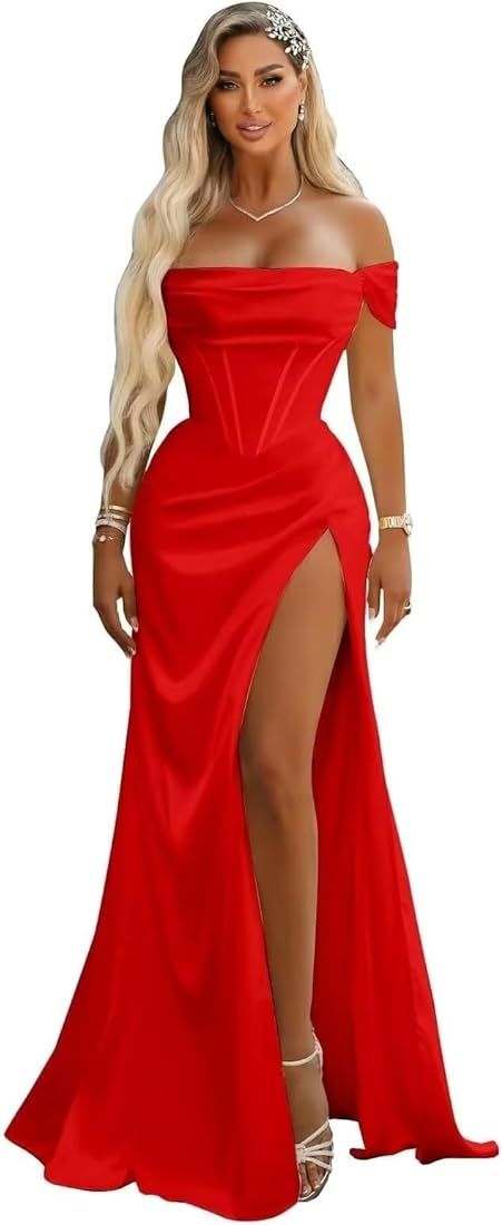 Changuan Off The Shoulder Mermaid Prom Dresses with Slit Long Satin Corset Formal Evening Party G... | Amazon (US)