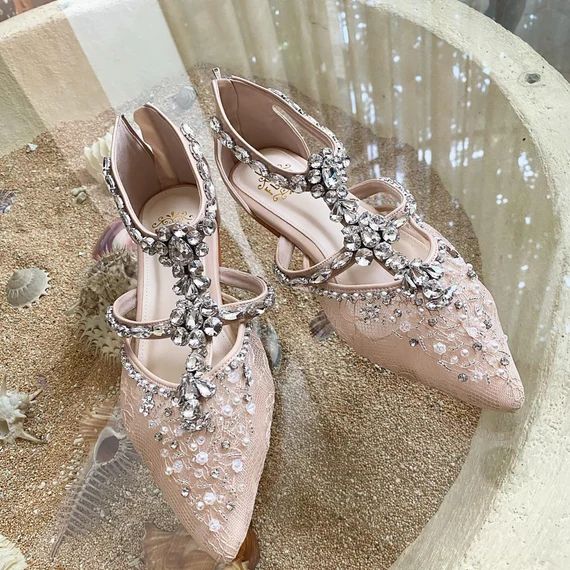 Pointed Toe Nude Glam Wedding Shoes Crystal Strappy Bridal | Etsy | Etsy (US)