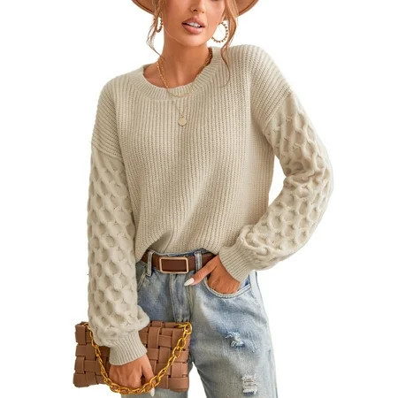 CUPSHE Sweater for Women Cable Knit Crew Neck Long Sleeves Fashion Casual Pullover Sweater Tops | Walmart (US)
