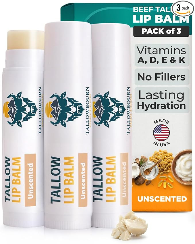 Moisturizing Tallow Lip Balm – Grass-Fed Beef Tallow with Organic Coconut Oil, Beeswax, and Vit... | Amazon (US)