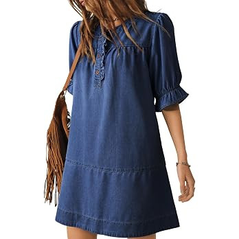 Dokotoo Women's Denim Dress Ruffle Short Sleeve Button Cowgirl Jean Dress | Amazon (US)
