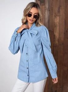 Tie Neck Button Front Denim Top SKU: sw2211162051126945New$27.49$26.12Join for an Exclusive 5% OF... | SHEIN