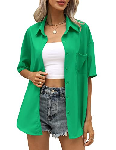 Green Button Down Shirt Women Summer Short Sleeve Shirts Collared Oversized Shirt Blouses Tunic Tops with Pocket Green S | Amazon (US)