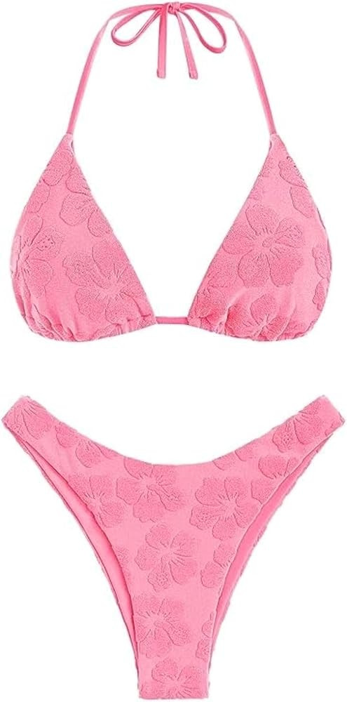 seamoly Women's Bikini Sets Toweling Jacquard Textured Halter Two Piece Swimsuits Open Back Cheeky High Cut Bathing Suit | Amazon (US)
