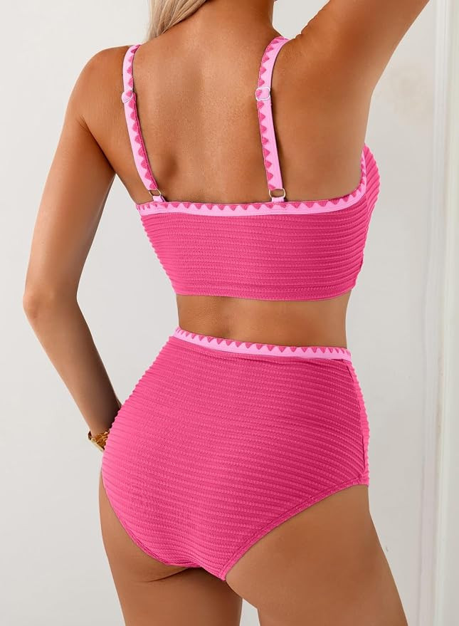 Women's Textured Bikini Sets O Ring Swimsuits Whip Stitch High Waisted Bathing Suits 2026 Summer ... | Amazon (US)