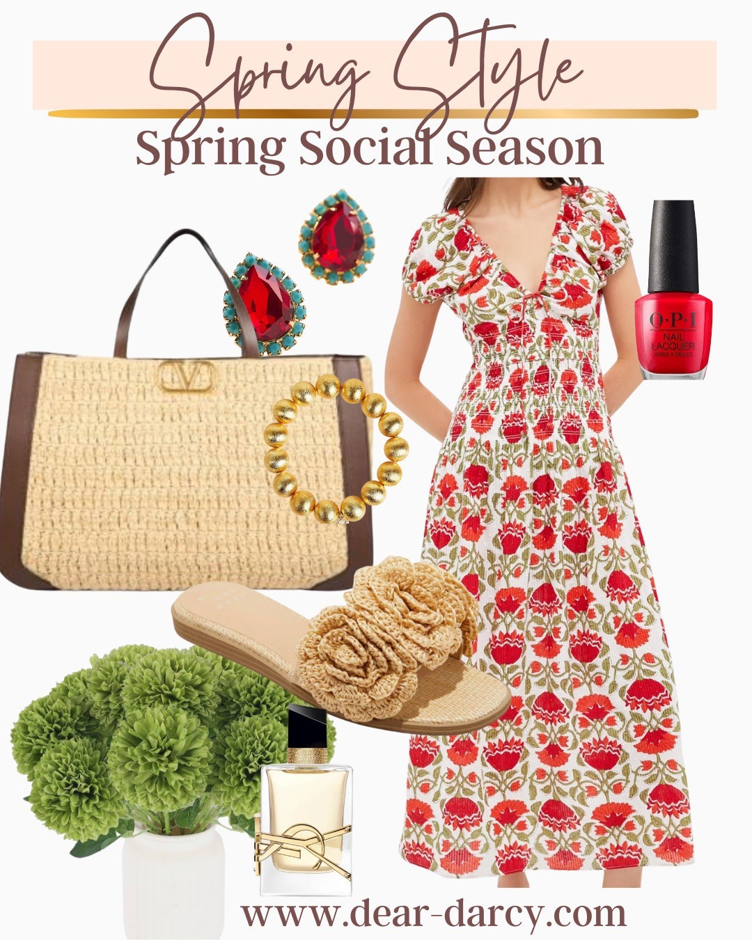 Spring social Season 

How cute is this dress?
Perfect for so many Spring occasions, garden wedding guest, Easter, vacation, brunch, garden parties, showers etc

Affordable rose raffle slides $30 
Perfect for all your spring and summer outfits 

Splurge
Valentino straw/raffies and leather tote❤️❤️❤️

Opi red nail polish

Anthropology teardrop red and turquoise earrings 

Lisi lurch gold bead bracelets 

Amazon green floral arrangement 

Ysl perfume 



#LTKFindsUnder100 #LTKWedding #LTKStyleTip
