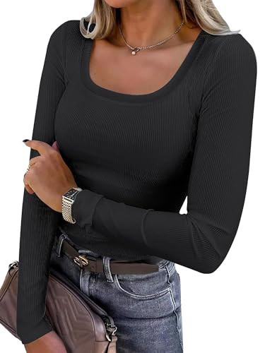 ANRABESS Womens Long Sleeve Shirts Scoop Neck Ribbed Knit Slim Fitted Tops Casual Basic Tee 2025 Fall Fashion Outfits Clothes Black X-Small | Amazon (US)
