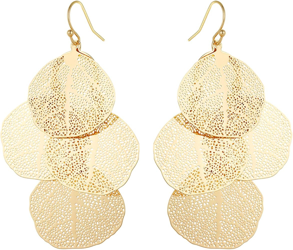 Bohemian Boho Filigree Leaf Chandelier Dangle Earrings for Women – Handcrafted Delicate – 14K Gold P | Amazon (US)