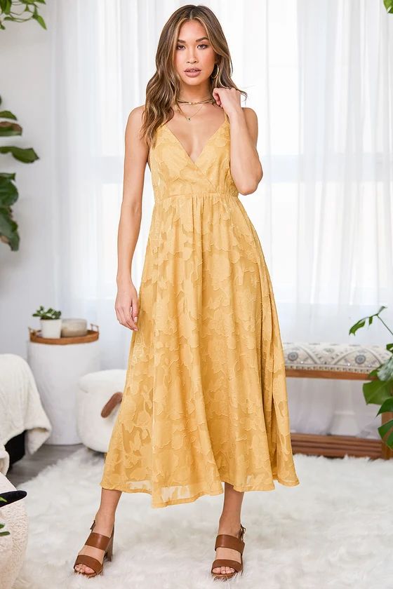 Philosophy of Beauty Mustard Yellow Burnout Floral Midi Dress | Lulus (US)