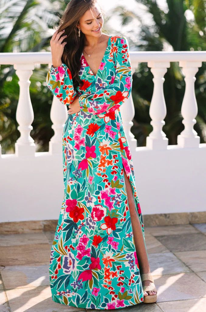 Just Feels Right Teal Blue Floral Maxi Dress | The Mint Julep Boutique