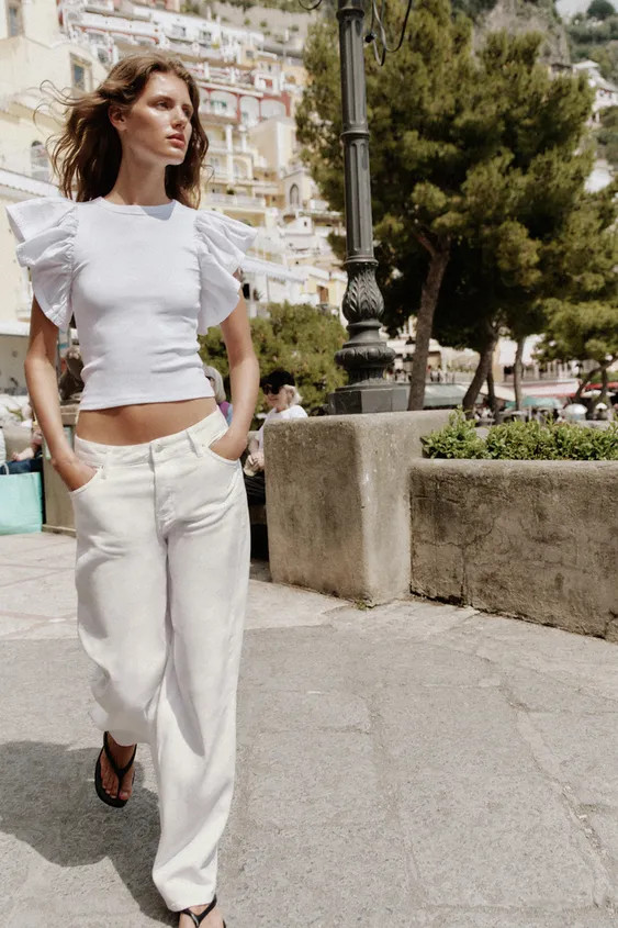 CONTRAST RIBBED T-SHIRT WITH RUFFLES | Zara UK