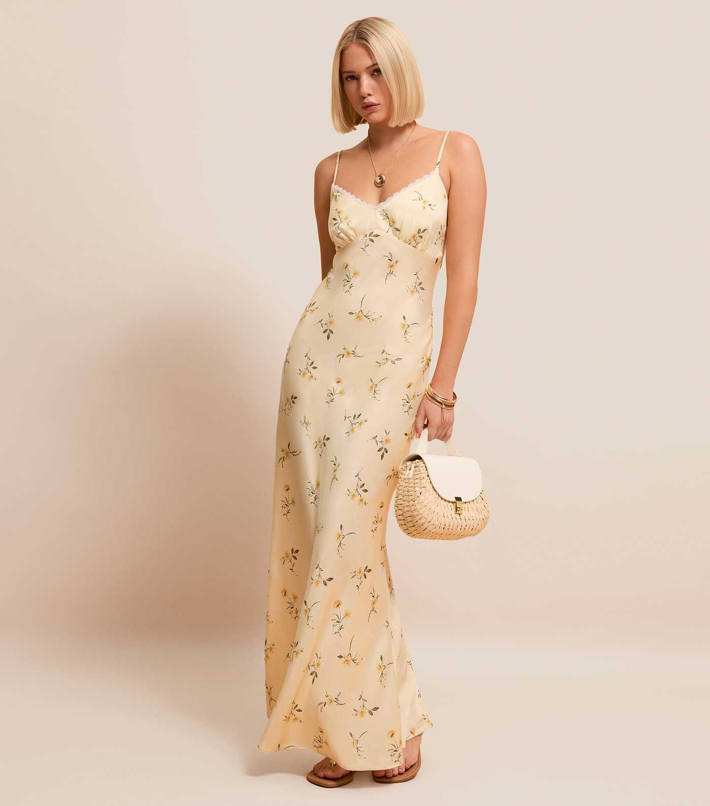 Yellow Daisy Print Lace Trimmed Satin Midi Dress | New Look | New Look (UK)