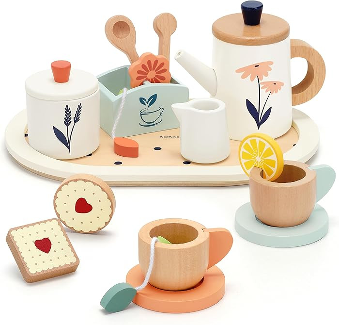 Wooden Tea Set for Toddlers,Wooden Tea Party Set for Kids Pretend Play Food Toy Set Kitchen Acces... | Amazon (US)