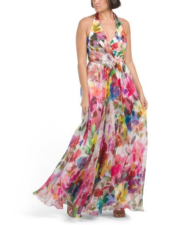 Silk Blend Floral Organza Printed Halter Gown | TJ Maxx
