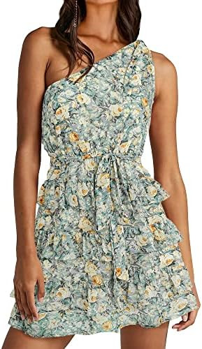 BTFBM Women One Shoulder Summer Dresses 2026 Floral Sundress High Waist Flowy Mini Beach Spring W... | Amazon (US)