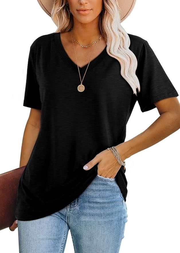 WIHOLL Womens Tops Casual Short Sleeve V Neck T Shirts | Amazon (US)