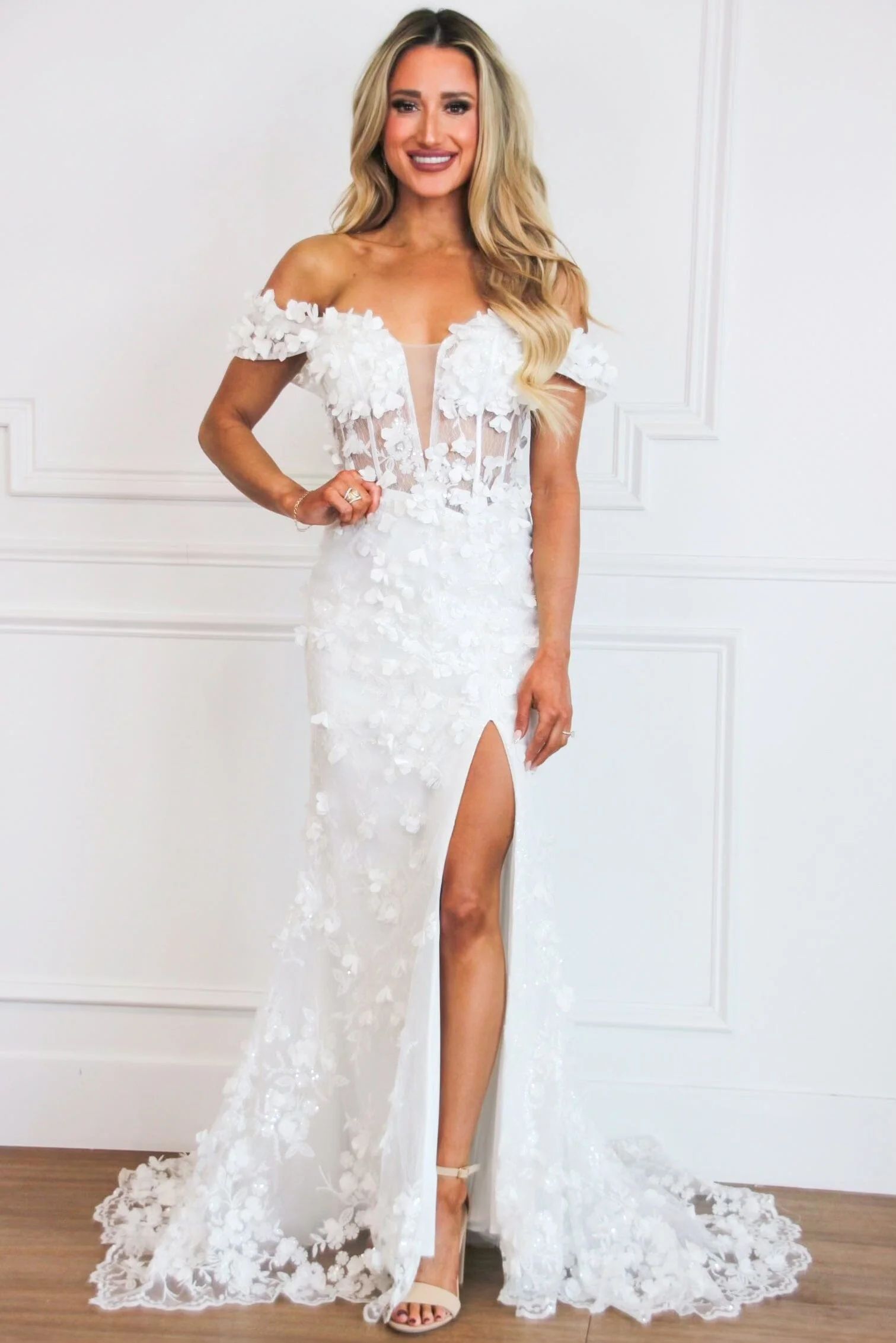 Liliana Floral Applique Formal Dress: White | Bella and Bloom Boutique